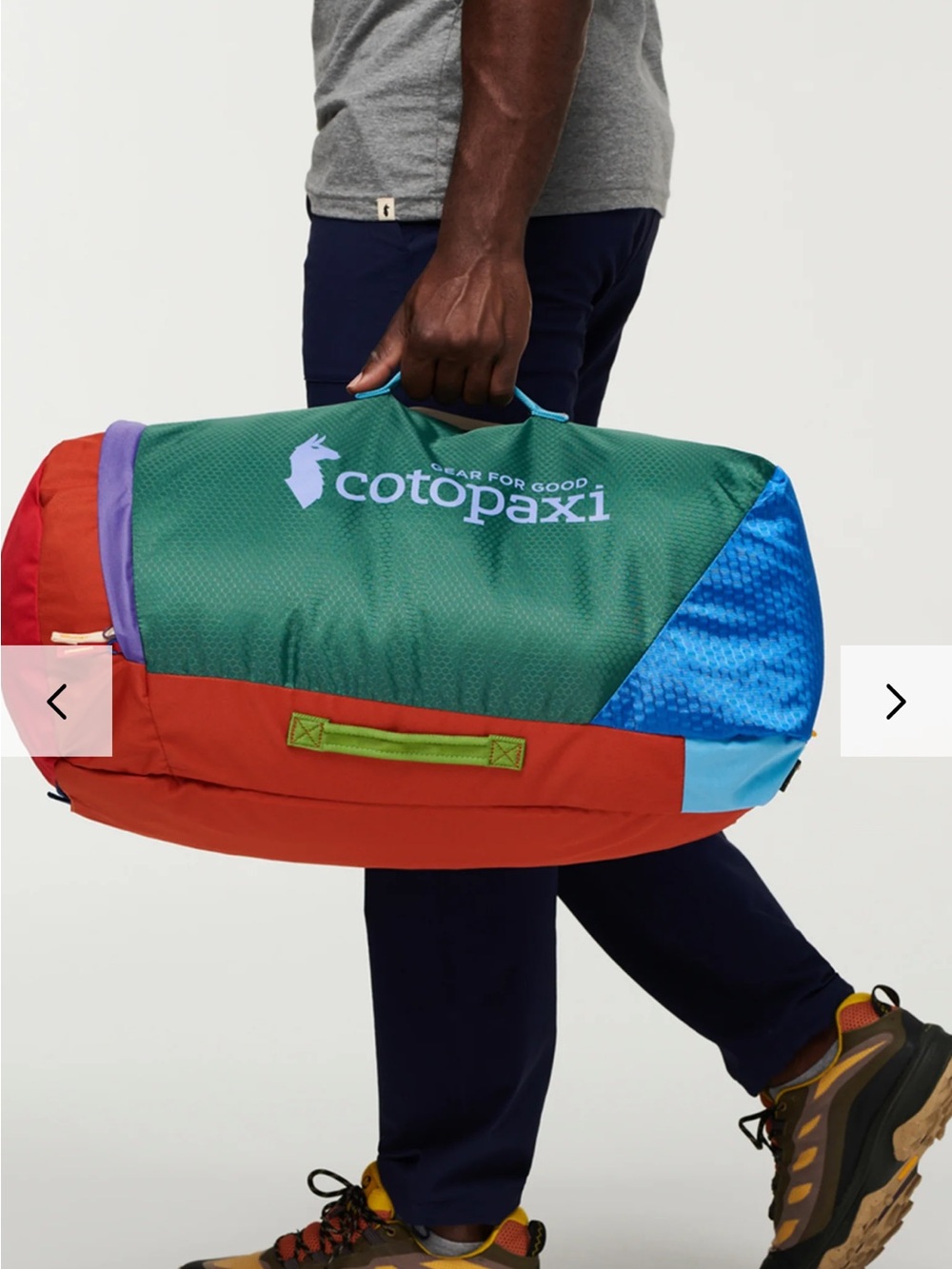 cotopaxi multicolor travel duffel in green, red, blue & purple